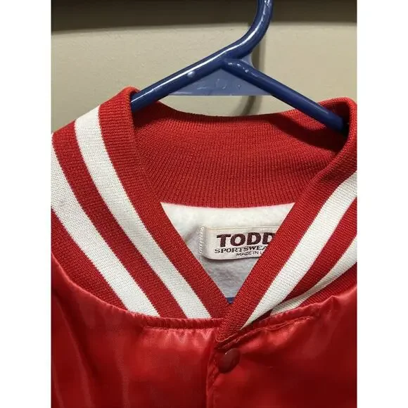 Vintage 1980s BASS MASTERS Red Satin Bomber Jacket w/PatchS & Logo
